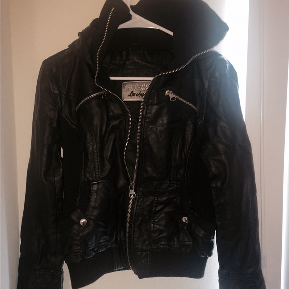 Guess Leather Jacket with hood. Faux leather