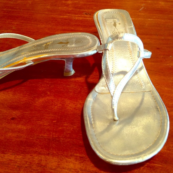 Silver slip-on kitten heels sandals