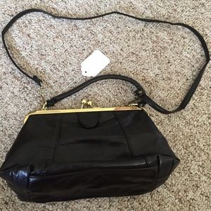 Black Hand Bag with Clasp and Cross Body Strap