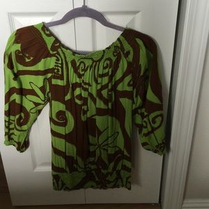 Wahine Toa top! Green and brown print.