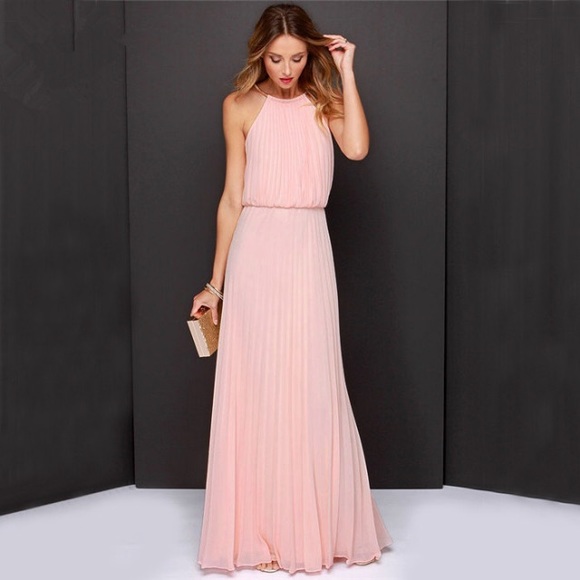 Dresses & Skirts - Pink blush bridesmaid maxi dress sheer pleated
