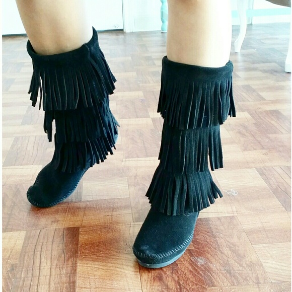 Black Suede 3 layer fringe boots