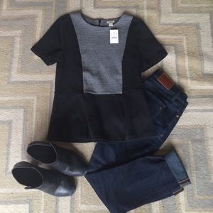 NWT J.Crew Factory Black & Gray Peplum Top - Small