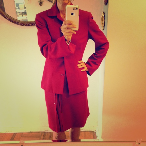Burgundy two-piece suit.