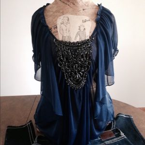 Sheer navy blue with ruffles top Studio Y Lg NWOT