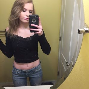 Black long sleeve off the shoulder crop top