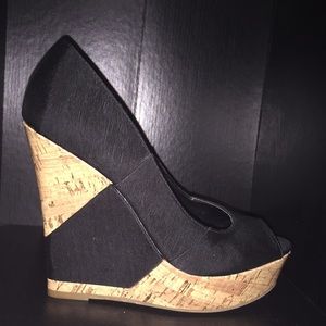 Black and Cork Peep Toe Wedges