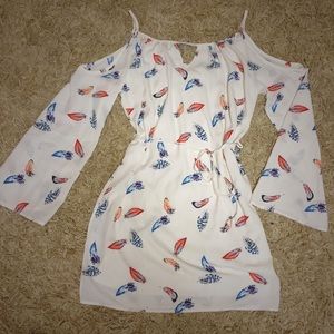 Pink Owl Feather-Print Cold-Shoulder Dress