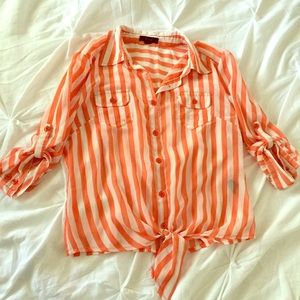 Orange and white sheer vertical striped top