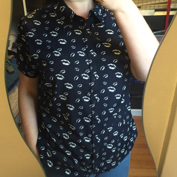 Navy Kissy Lip Print Button Down Blouse