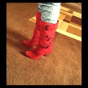 Tall red suede boots