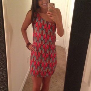Orange Blue Aztec One Shoulder Shift Dress Small