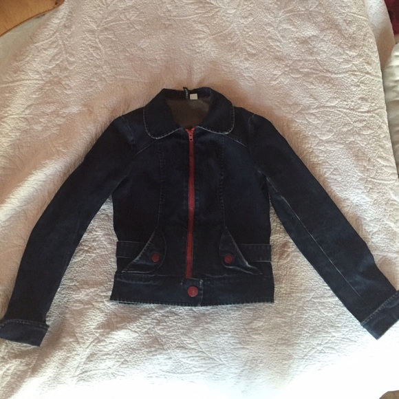 H&M Dark Denim Jacket w/ Red Buttons & Zipper