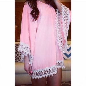 Pink Lace Bellbottom Cutout Sleeve Shift Dress SM