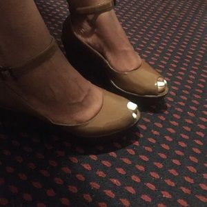 Camel Patent Leather Wedges