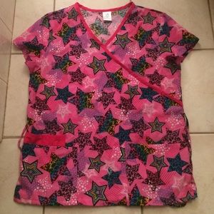 Pink cheetah star scrub top size Large