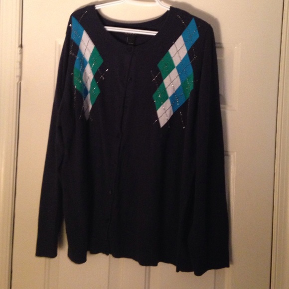 Lane Bryant Navy Blue Cardigan with argyle print