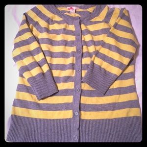 Yellow and gray striped cardigan with 3/4 sleeves