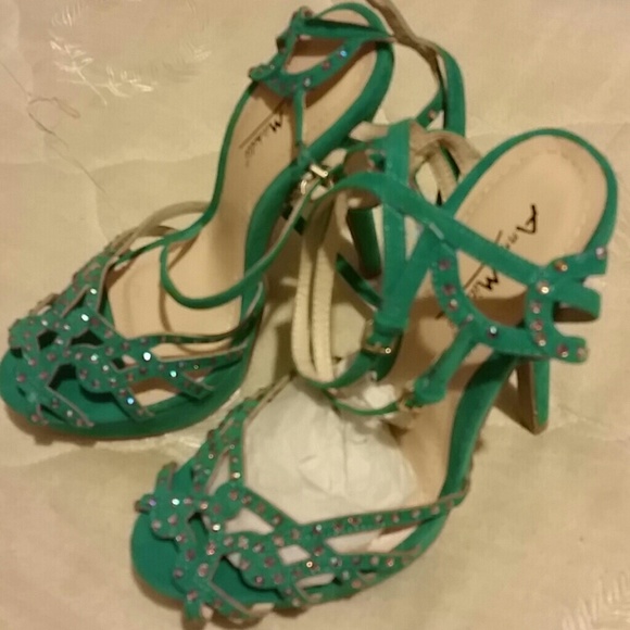 5 inch turquoise double strap heels with crystals