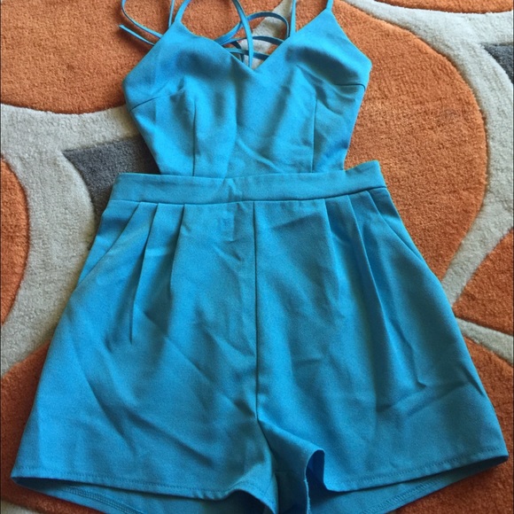 Blue v neck backless romper new without tags