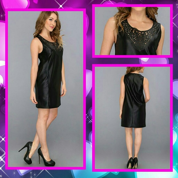 NWT- Black dress w. faux leather neckline