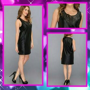 NWT- Black dress w. faux leather neckline