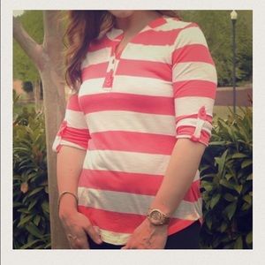 Coral and stripe 3/4 sleeve top