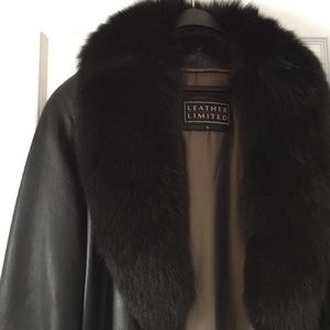 Full length leather coat with fur collar
