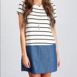Black & white striped/chambray bottom tunic dress