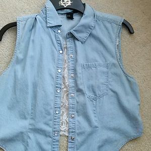 Jean vest , with floral print on the  back