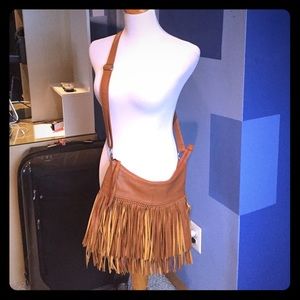 Camel fringe faux leather messenger