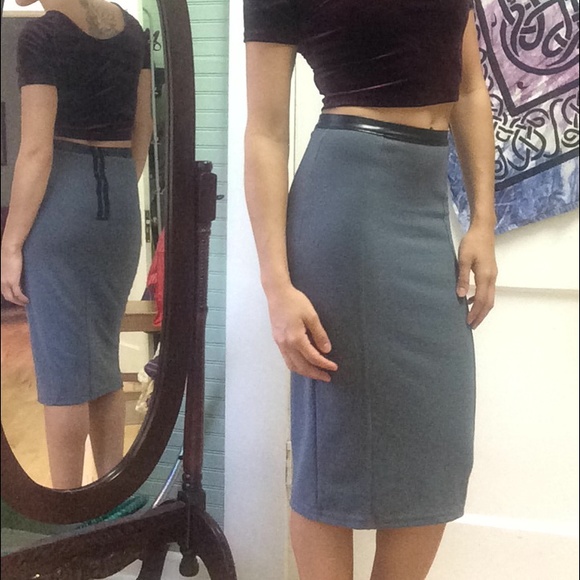 Grey Pencil skirt with vegan leather waist trim