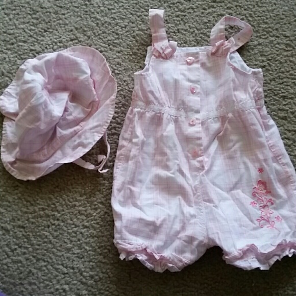 Pink plaid romper with sun bonnet