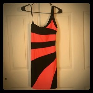 Coral and black one shoulder dress!
