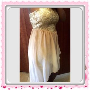 Beige dress, strapless, sequin top