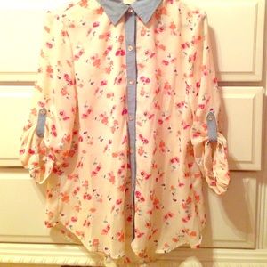 Floral pattern, button up, colored shirt w/ denim