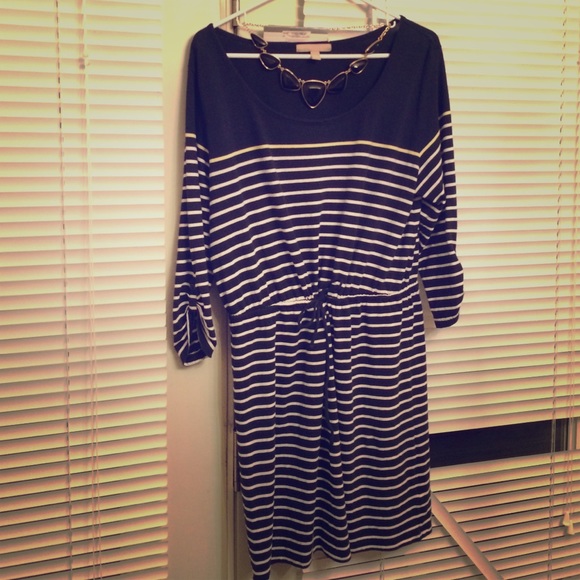Navy Dress w/ yellow and white stripes