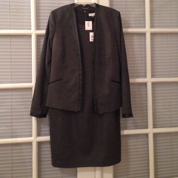 Calvin Klein Dresses & Skirts - Black leather trim grey tweed suit