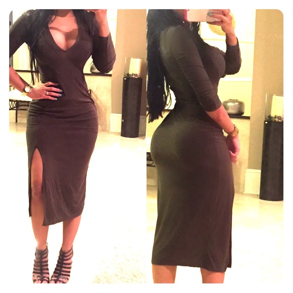 Olive green slit sexy dress
