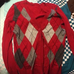 Red argyle cardigan