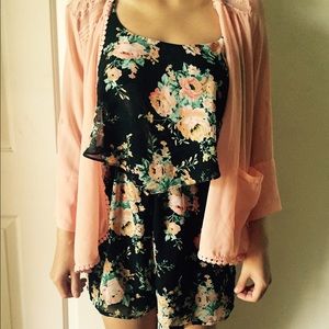 Black Floral Romper with Kimono