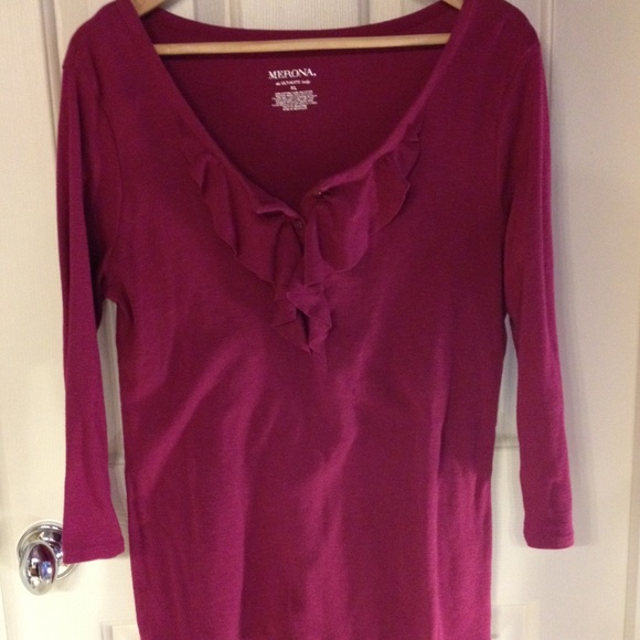 Pink 3/4 Sleeve Ruffle Neck Top.