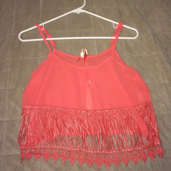 Coral fringe crop top