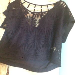 Sheer blue flower shirt with designed back