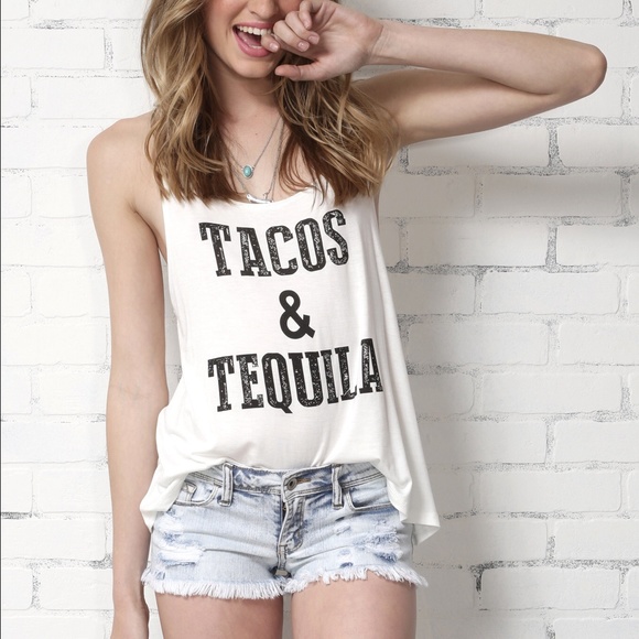 🆕 Tacos & Tequila White Tank Top - Picture 2 of 3