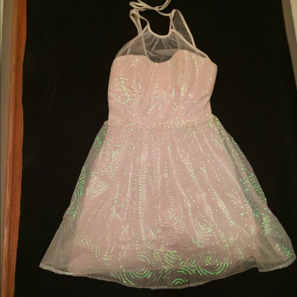 Formal sequined white halter dress with shimmer