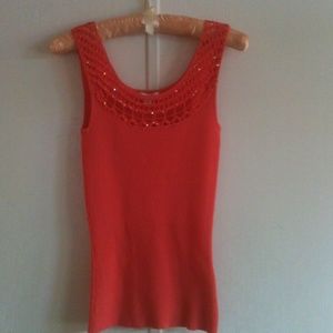 Cache' coral tank, beaded lattice neckline, small