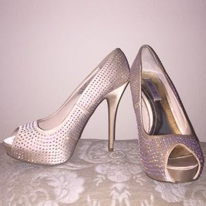 Champagne Sequin Peep Toe Pumps