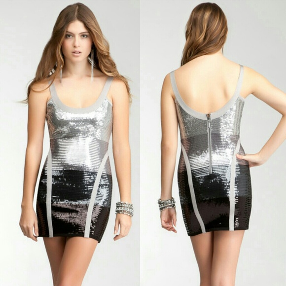 NWOT MediumBebe Silver Sequin Ombre Bandage Dress - Picture 1 of 2