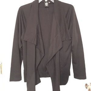 Bobeau L black ruffle open front sweater